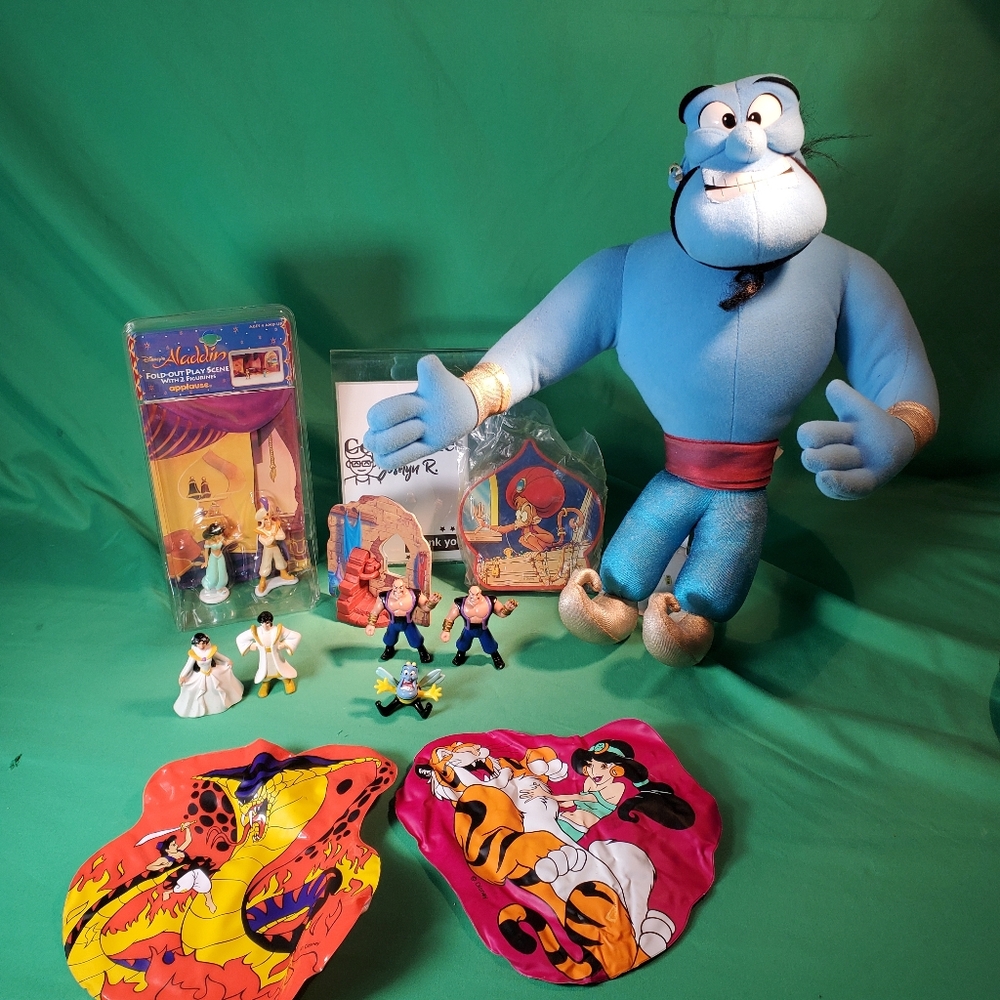 Vintage Disney's Aladdin Collection Lot: Large Genie Plush Doll, Mattel Action